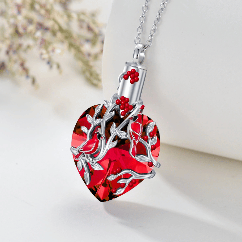 Red Crystal Tree Cremation Necklace Sterling Silver