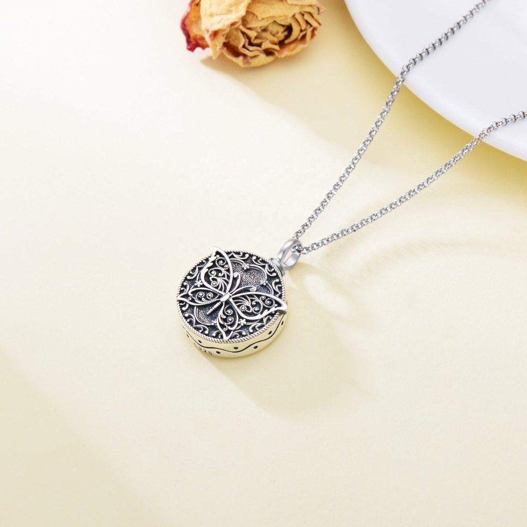 Intricate Butterfly Cremation Necklace Sterling Silver