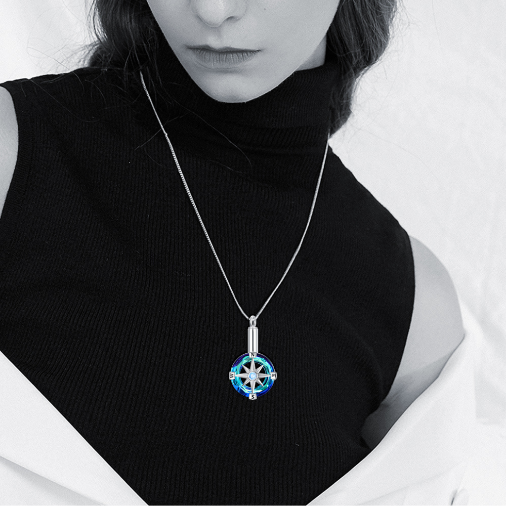 Blue And Green Crystal Compass Cremation Necklace Sterling Silver