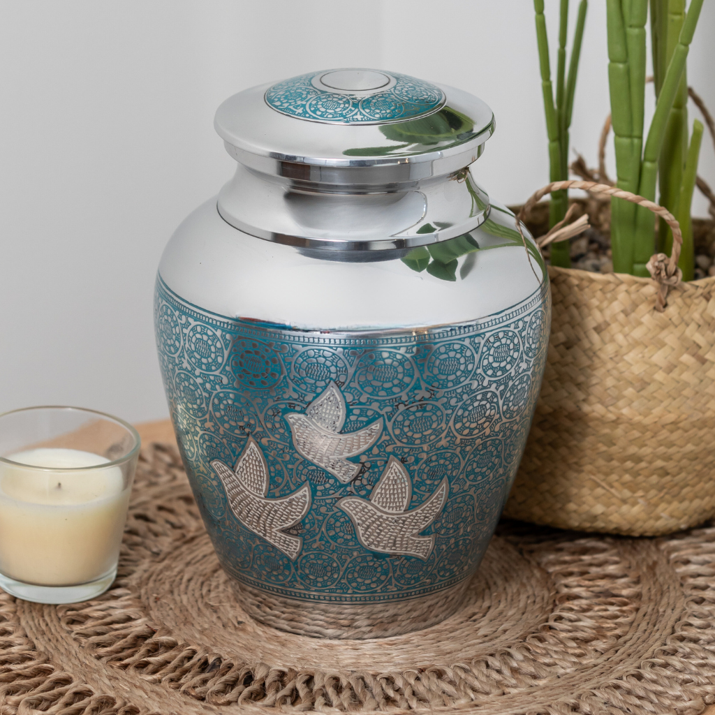 Three Doves Blue Aluminium Urn