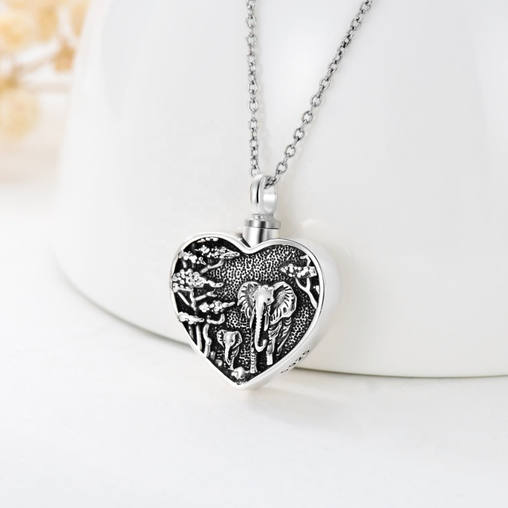 Heart Elephants Cremation Necklace Sterling Silver