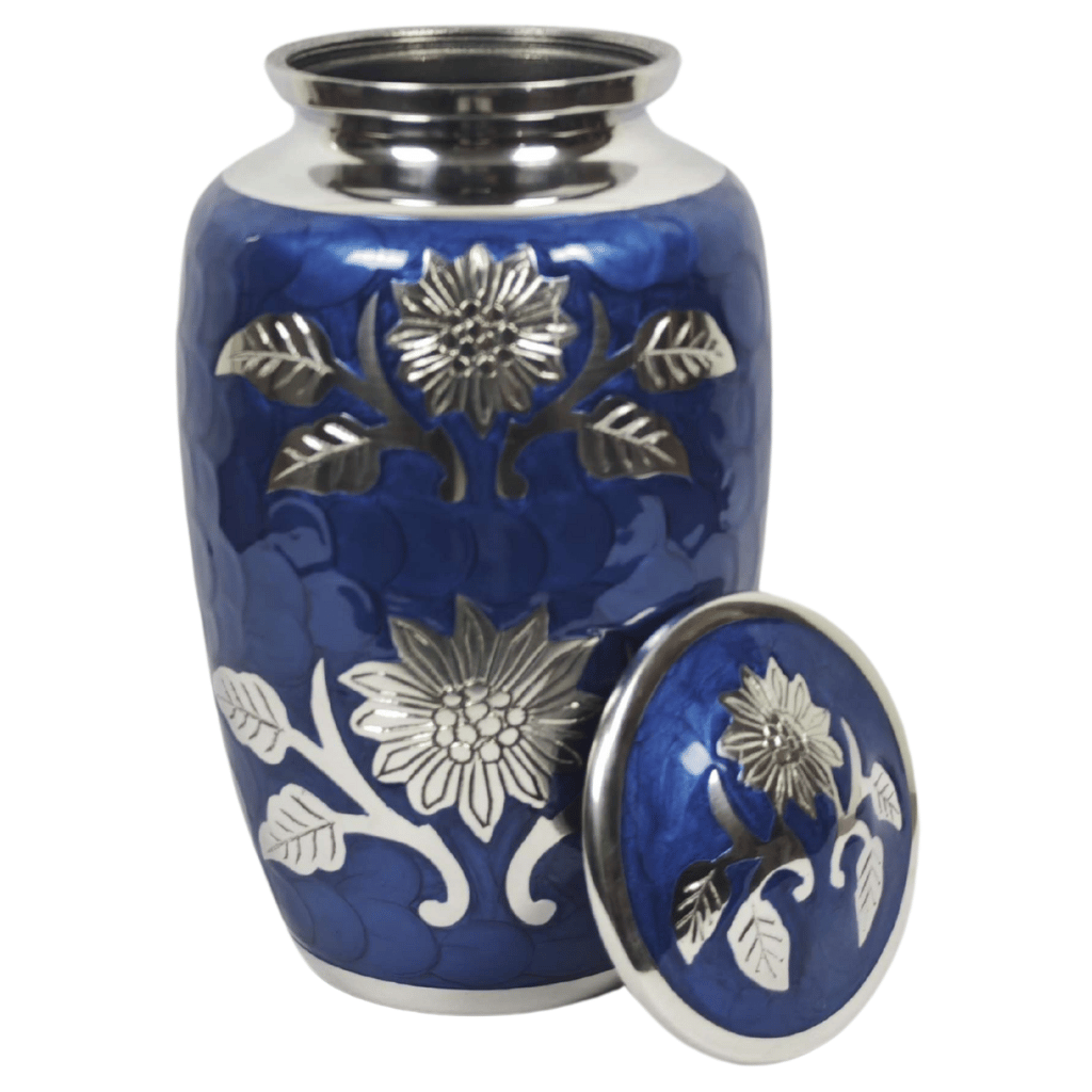 Blue Floral Aluminium Cremation Urn