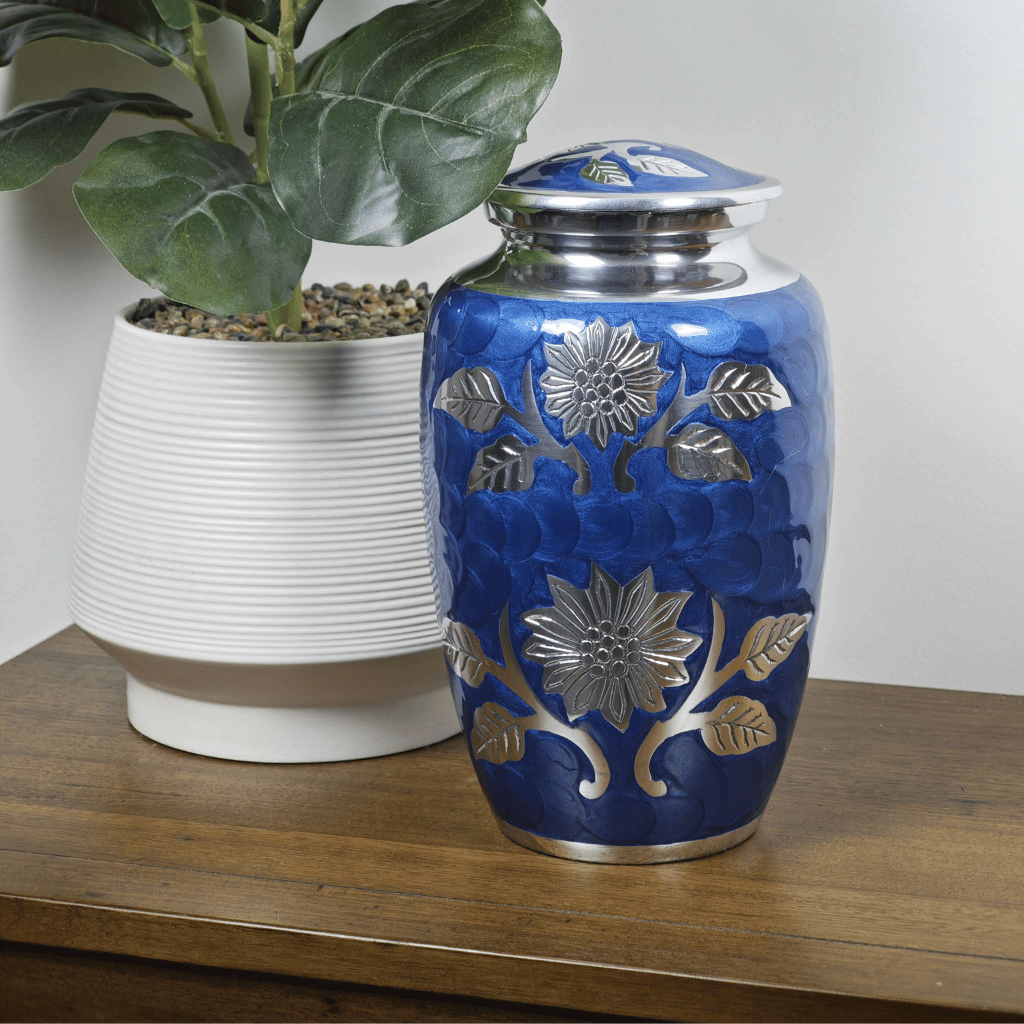 Blue Floral Aluminium Cremation Urn