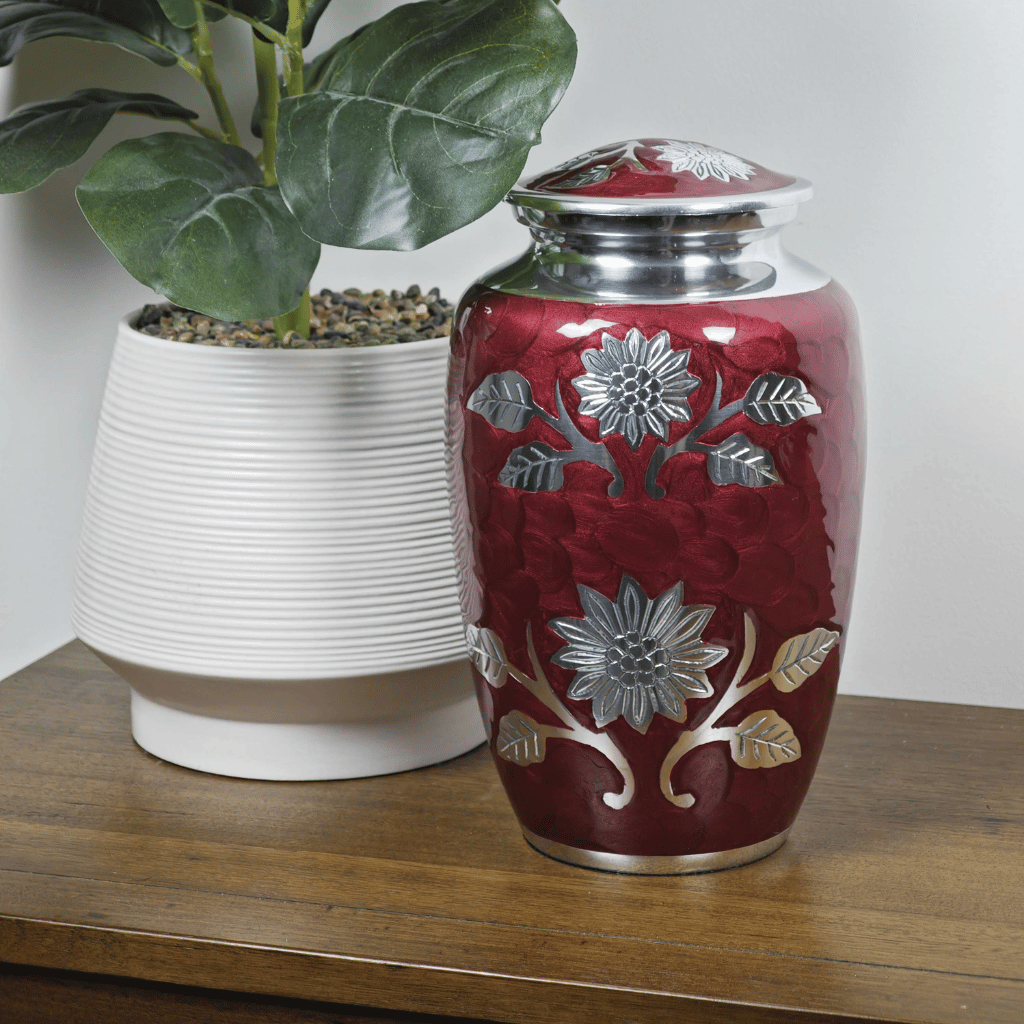 Red Floral Aluminium Cremation Urn