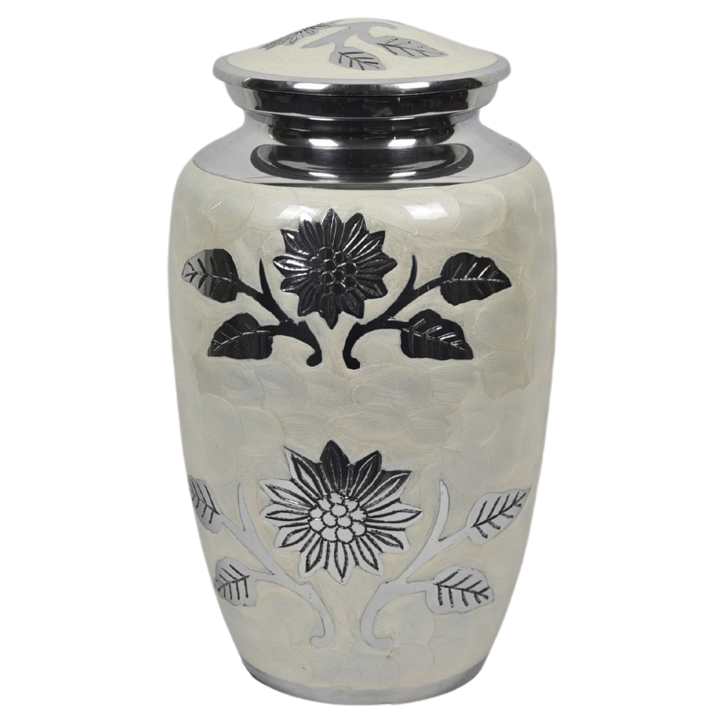 White Floral Aluminium Cremation Urn