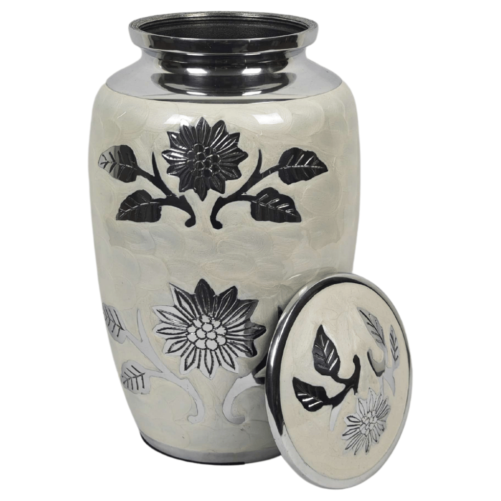 White Floral Aluminium Cremation Urn