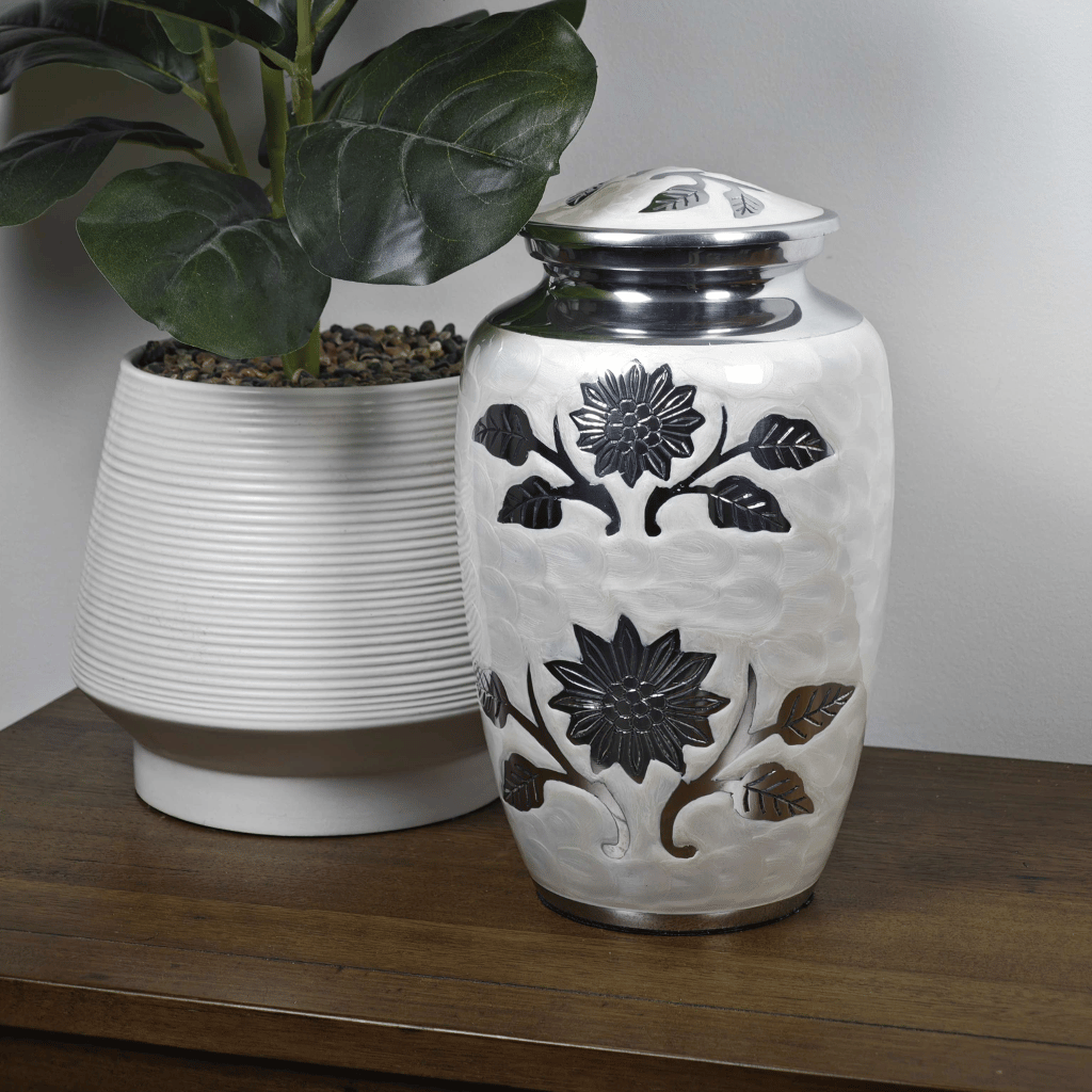 White Floral Aluminium Cremation Urn