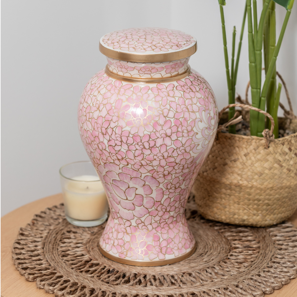 Hand Painted Pink Floral Aluminium Urn