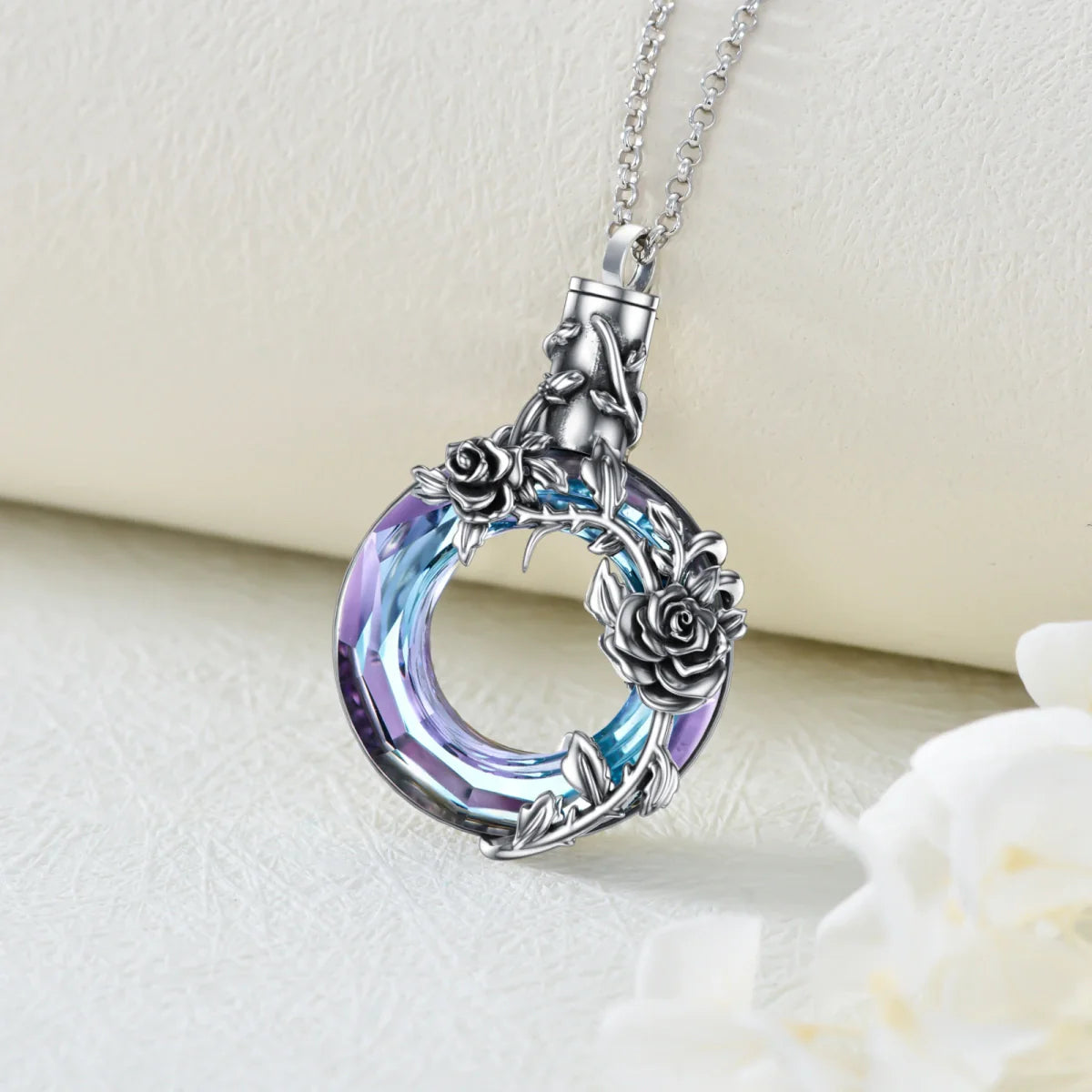 Blue And Purple Crystal Floral Wreath Cremation Necklace Sterling Silver
