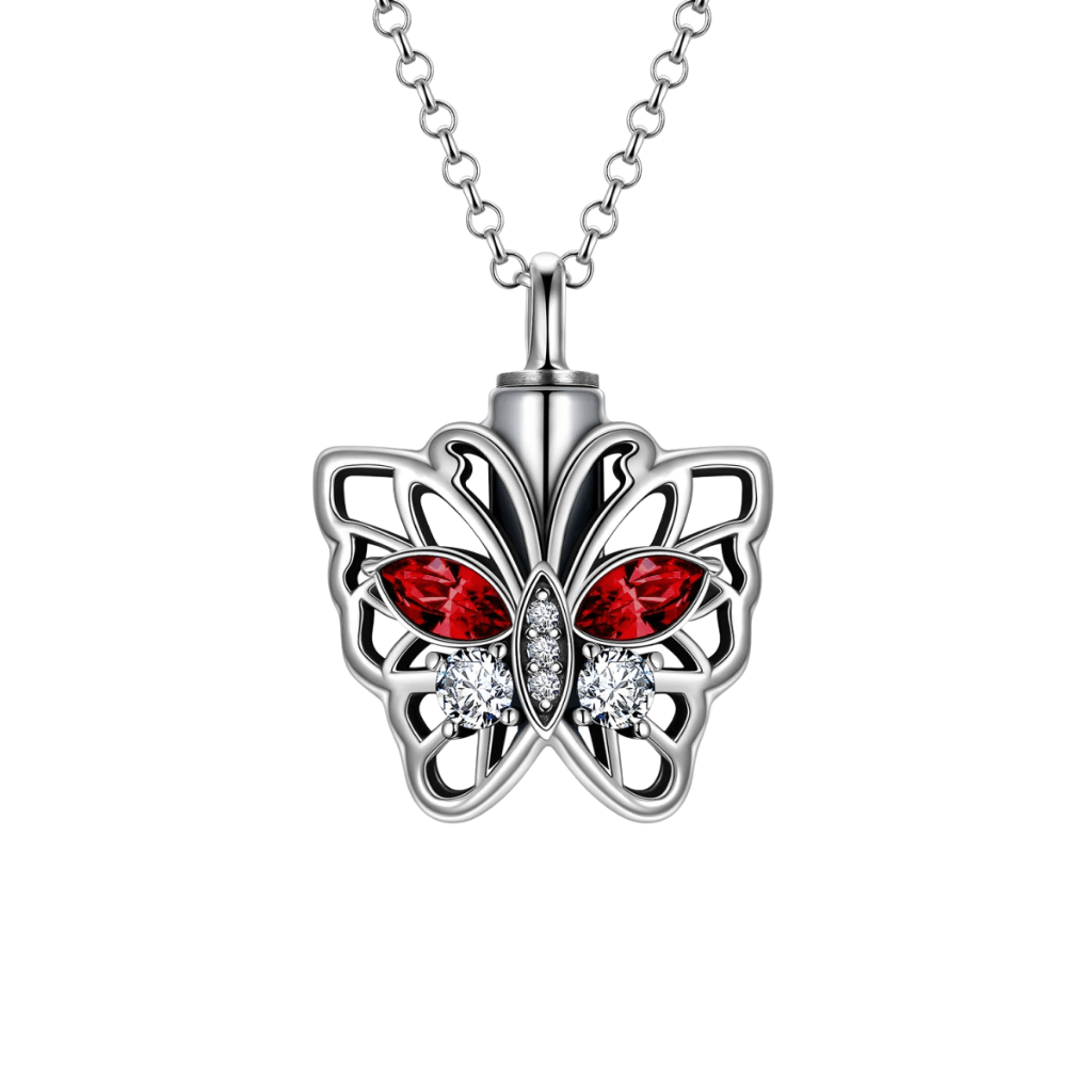 Red Crystal Hollow Butterfly Cremation Necklace Sterling Silver
