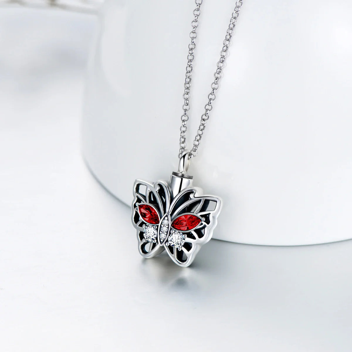 Red Crystal Hollow Butterfly Cremation Necklace Sterling Silver