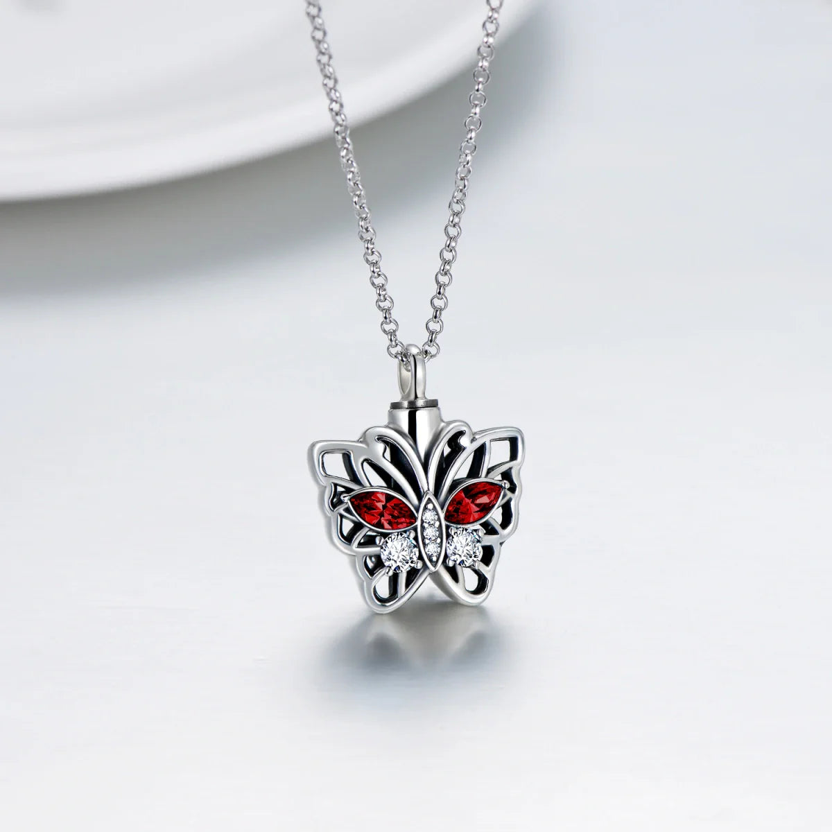Red Crystal Hollow Butterfly Cremation Necklace Sterling Silver