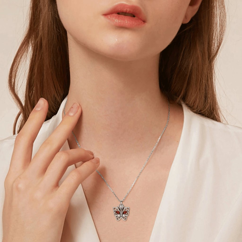 Red Crystal Hollow Butterfly Cremation Necklace Sterling Silver