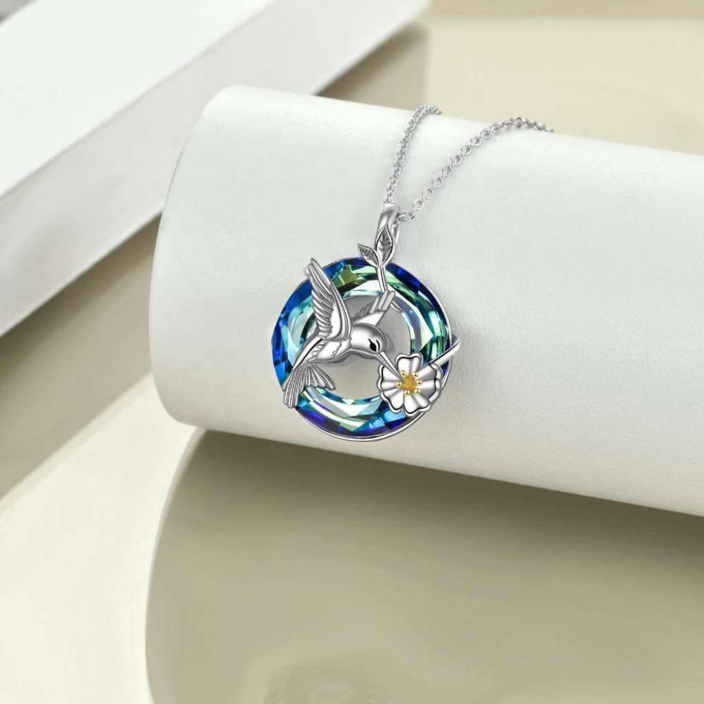 Blue And Green Crystal Wreath Hummingbird Cremation Necklace Sterling Silver