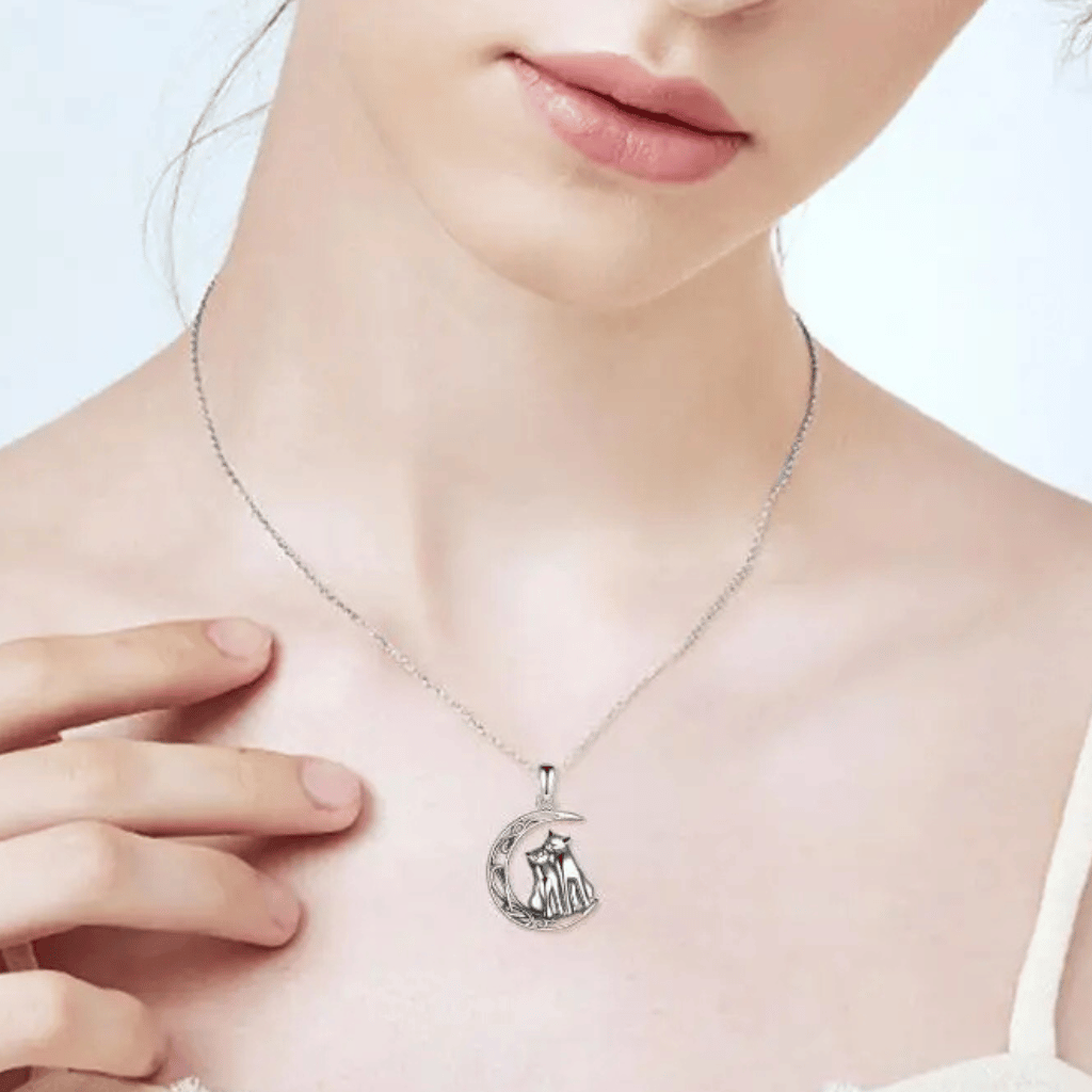 Runic Crescent Moon Cats Cremation Necklace Sterling Silver