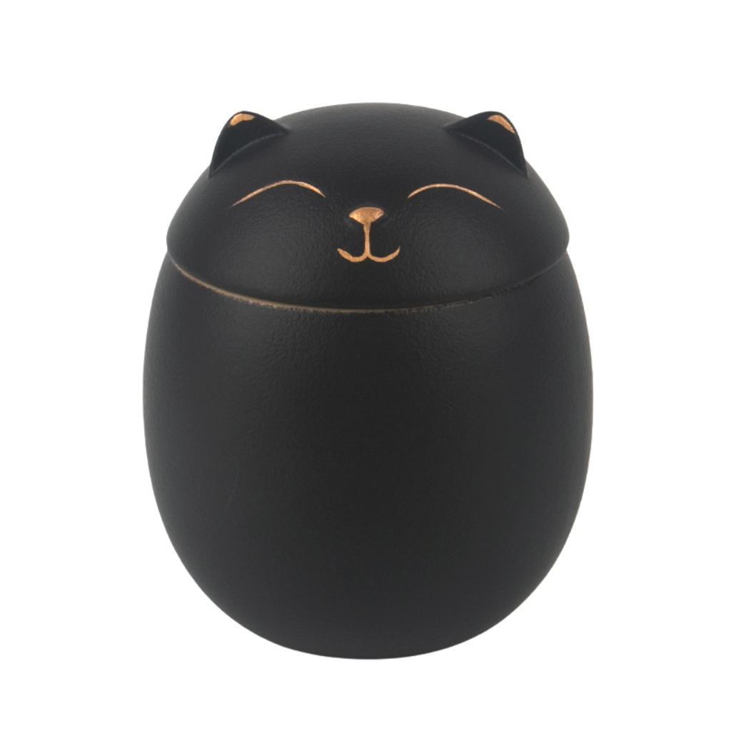Black Rounded Cat Small Ceramic Urn