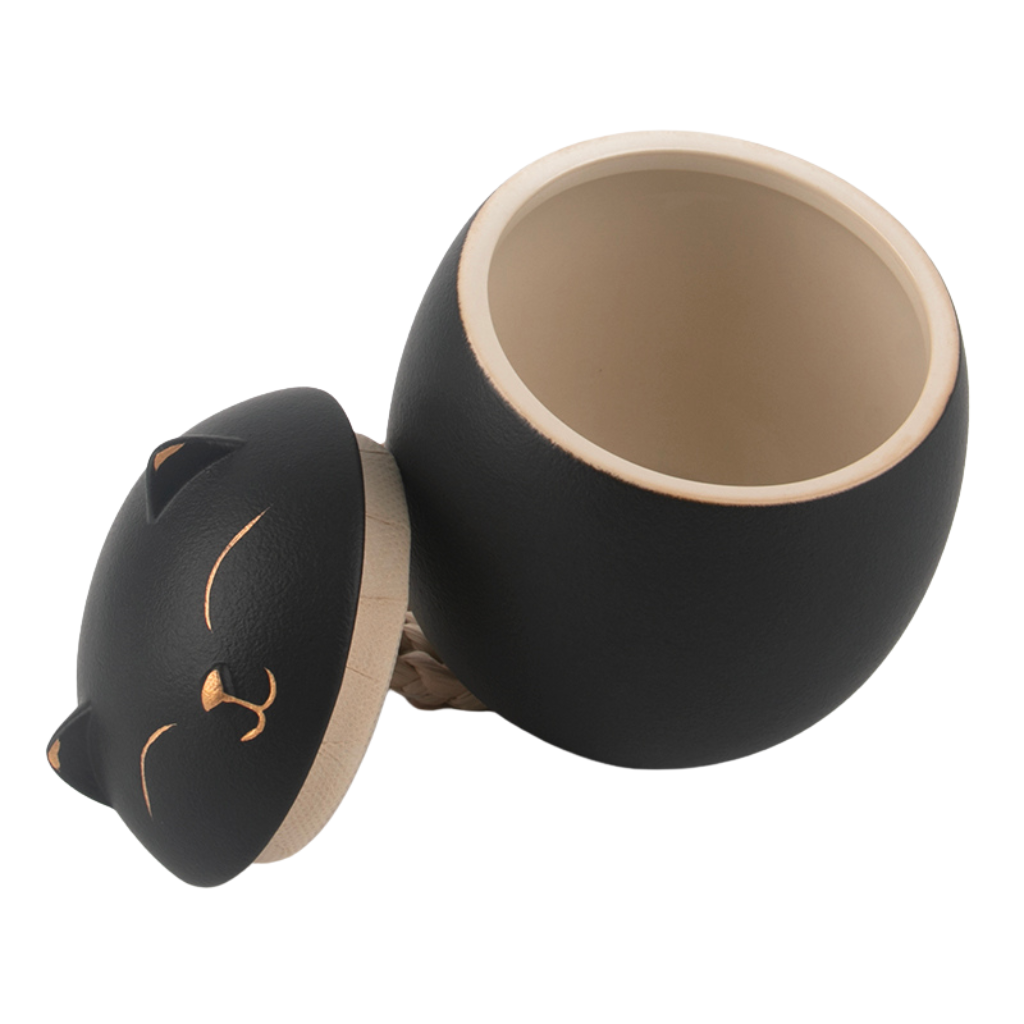 Black Rounded Cat Small Ceramic Urn