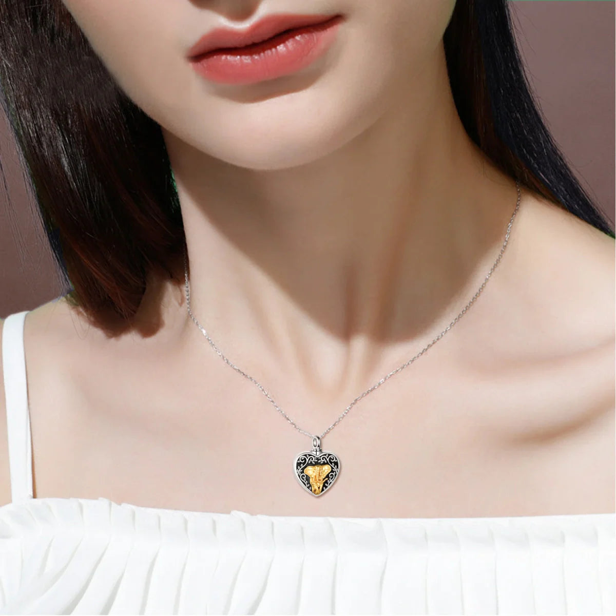 Gold Elephant Heart Cremation Necklace Sterling Silver