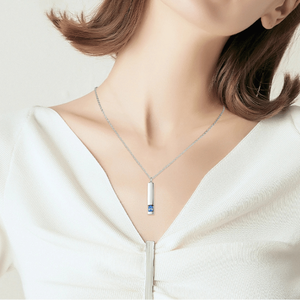 Blue Crystal Squared Cylinder Cremation Necklace Sterling Silver