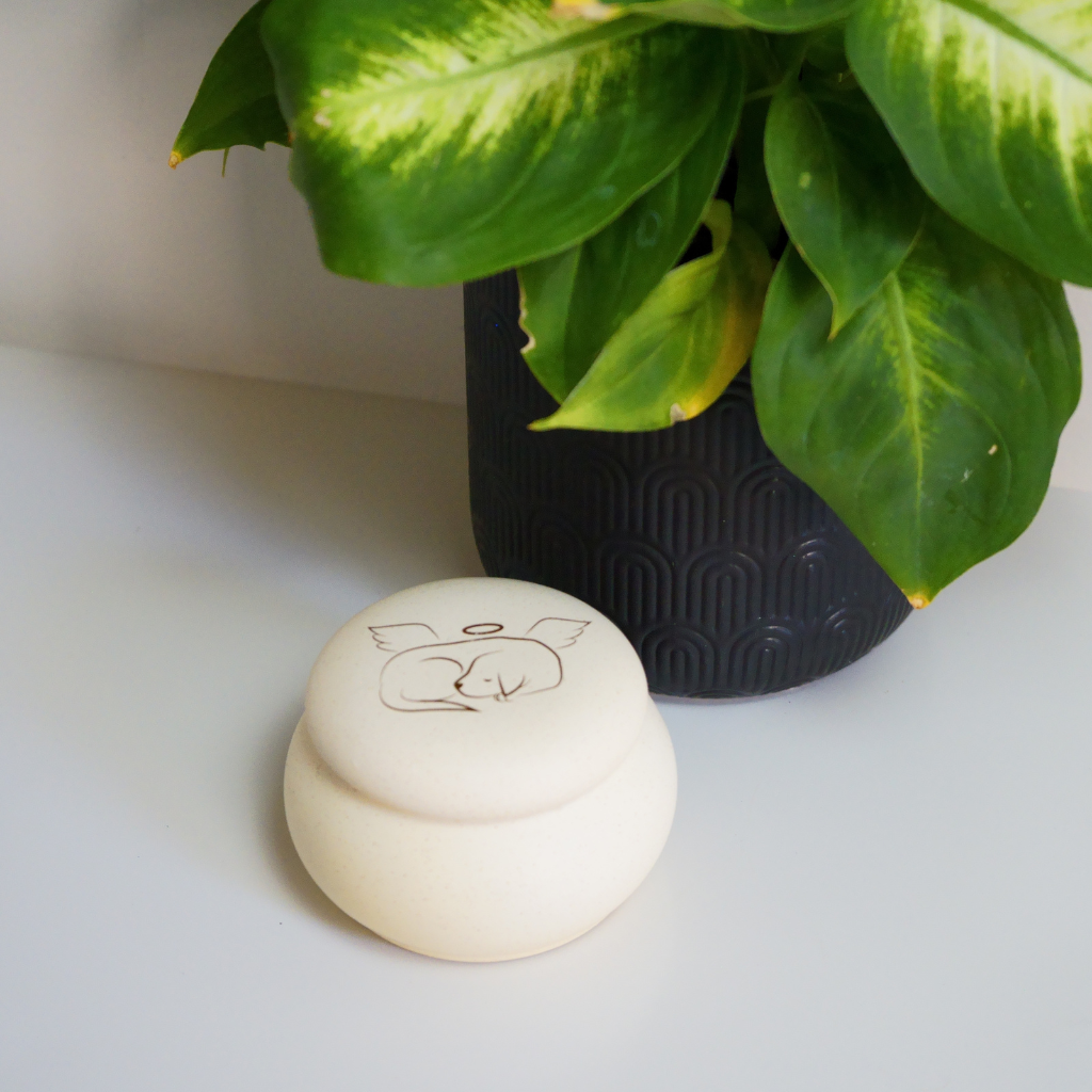 White my puppy angel ceramic urn in natural setting