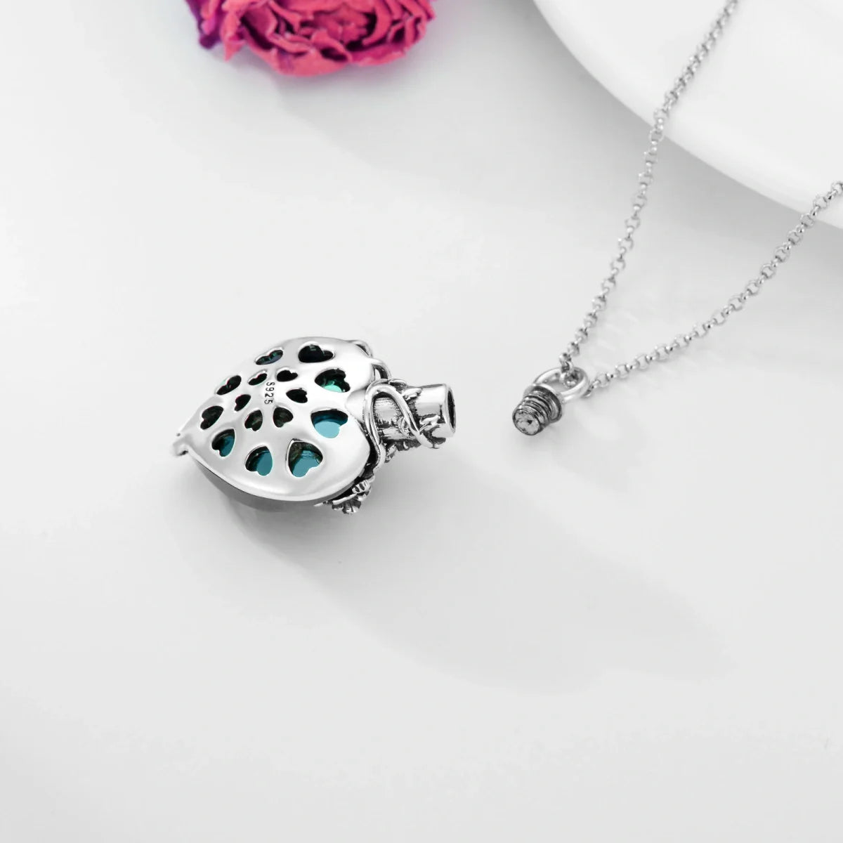 Dark Blue Crystal With Flowers Cremation Necklace Sterling Silver