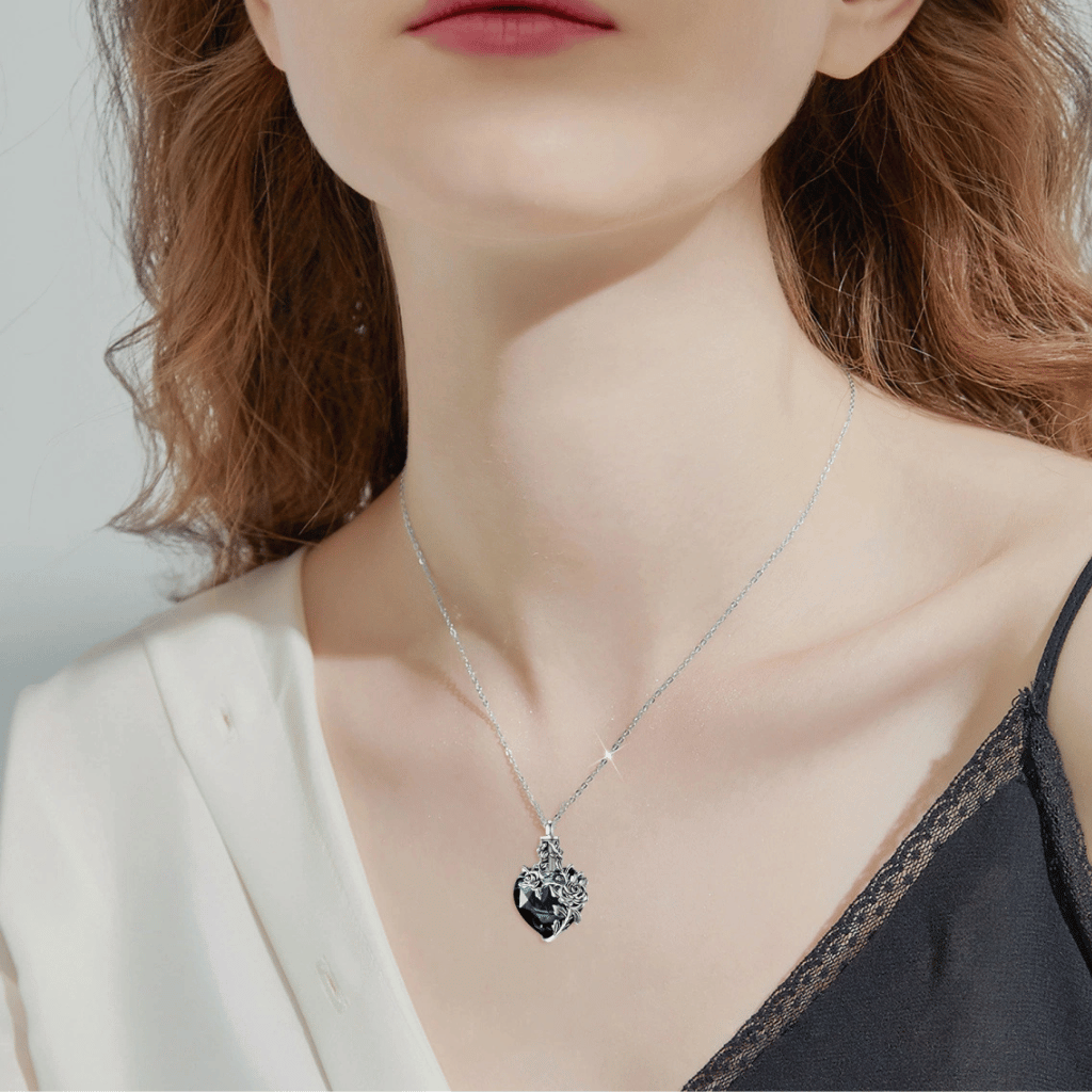 Dark Blue Crystal With Flowers Cremation Necklace Sterling Silver