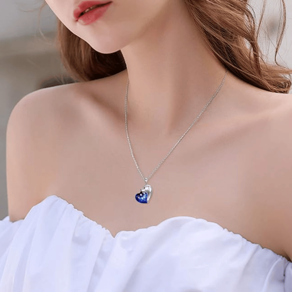 Blue Crystal Heart Dog Cremation Necklace Sterling Silver