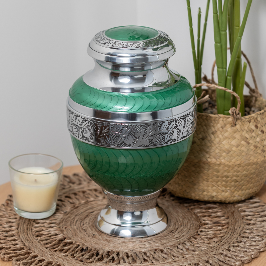 Pearl Overlay Elevated Green Aluminium Urn