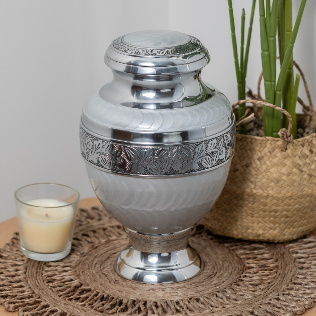 Pearl Overlay Elevated Silver Aluminium Urn