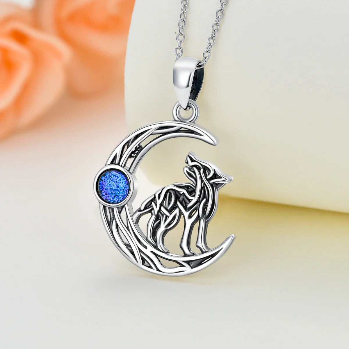 Runic Wolf Crescent Moon Blue Crystal Cremation Necklace Sterling Silver