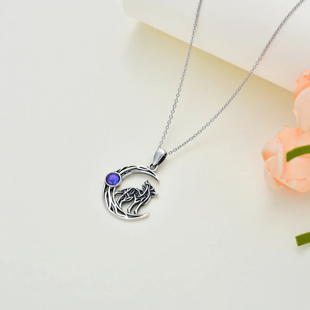 Runic Wolf Crescent Moon Blue Crystal Cremation Necklace Sterling Silver
