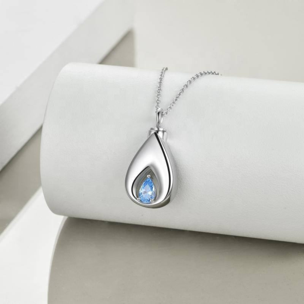 Blue Crystal Teardrop Cremation Necklace Sterling Silver