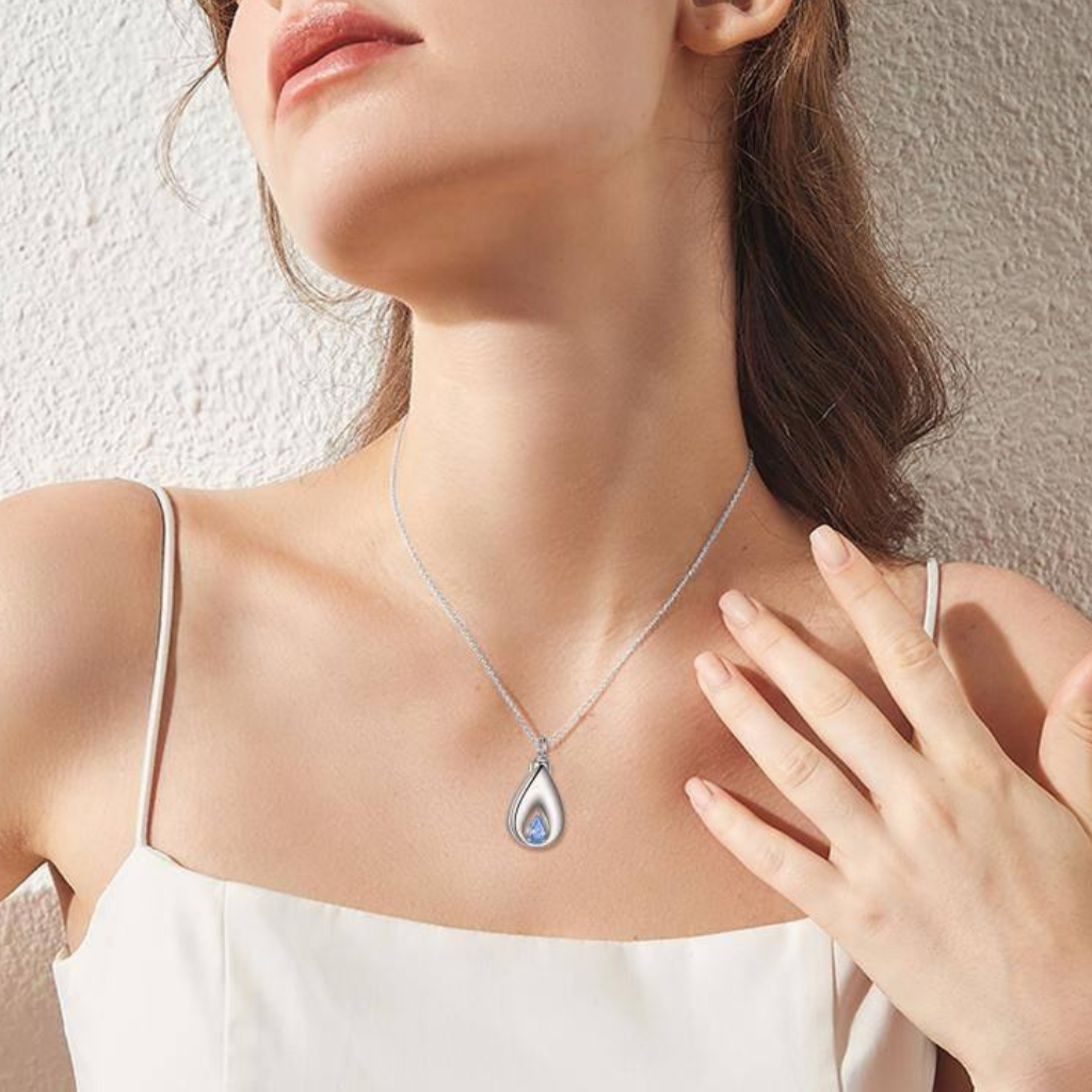 Blue Crystal Teardrop Cremation Necklace Sterling Silver