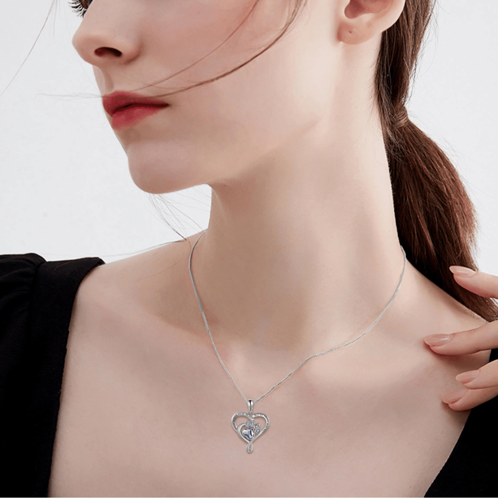 Blue Crystal Paw Heart Cremation Necklace Sterling Silver