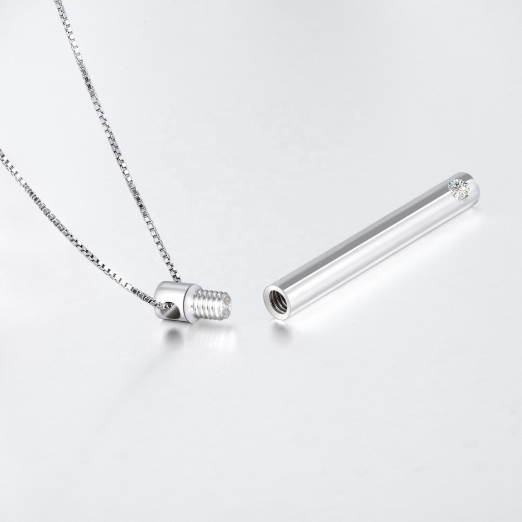 Slim Chamber With Crystal Cremation Necklace Sterling Silver