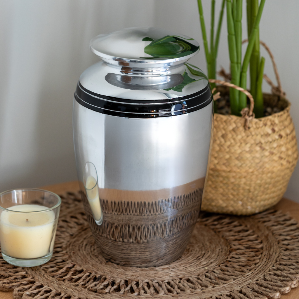 Banded Silver Polished Aluminium Urn