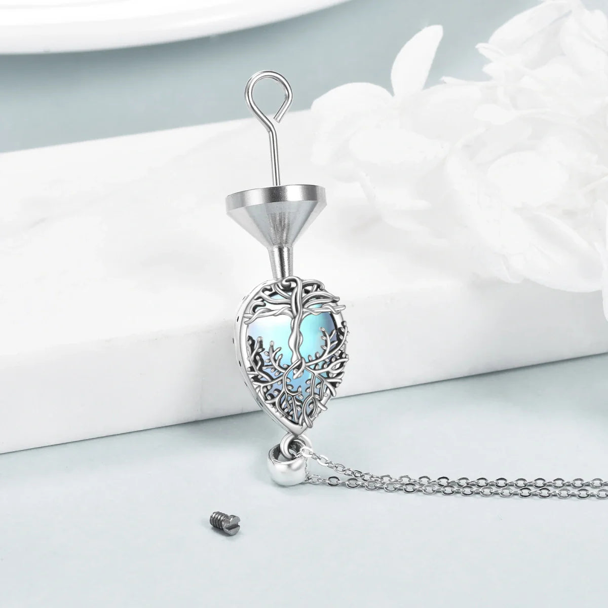 Blue Crystal Tear Tree Cremation Necklace Sterling Silver
