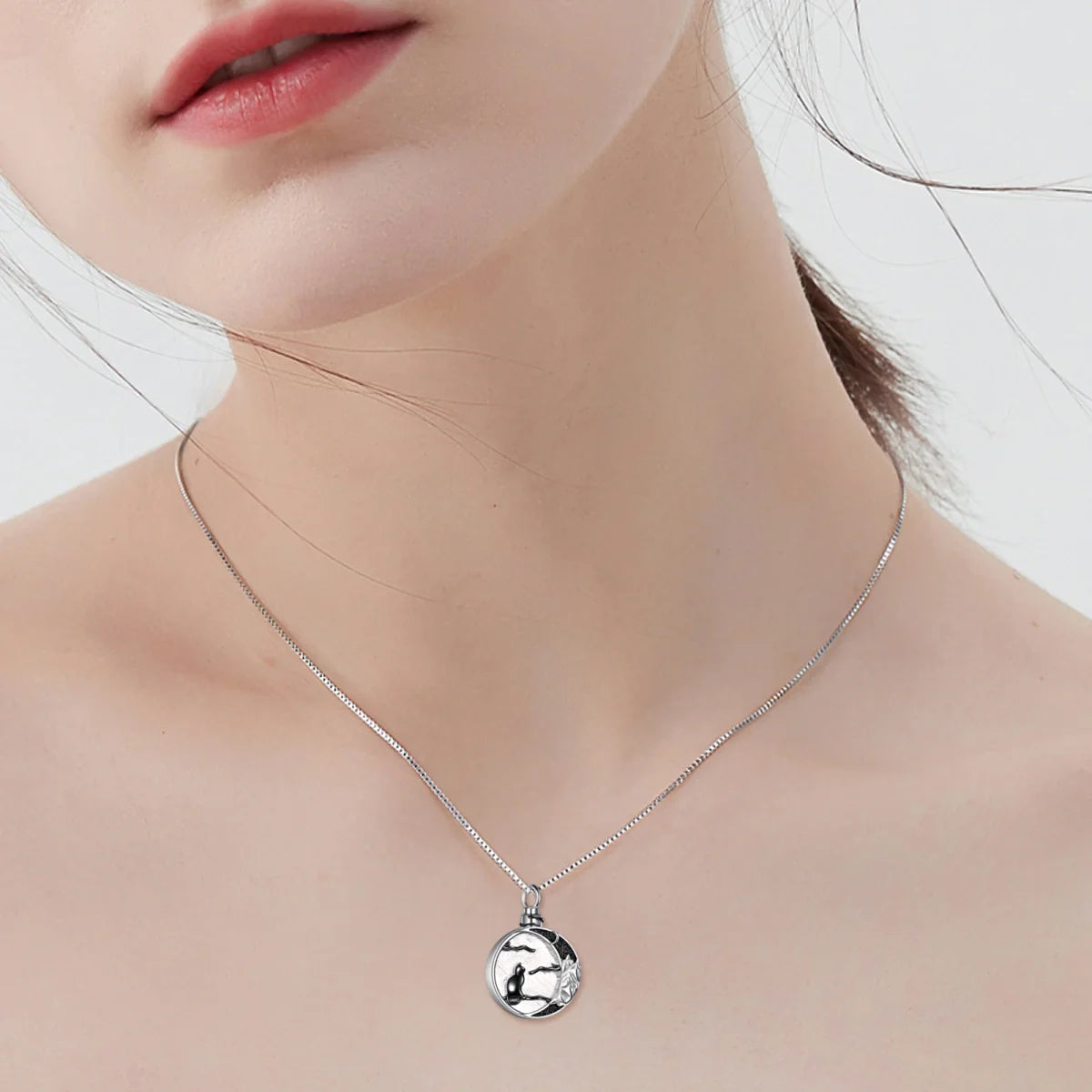 Black Cat And Crescent Moon Cremation Necklace Sterling Silver