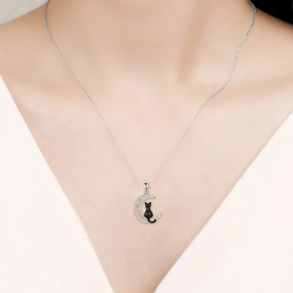 Black Patterned Crescent Moon Cat Cremation Necklace Sterling Silver