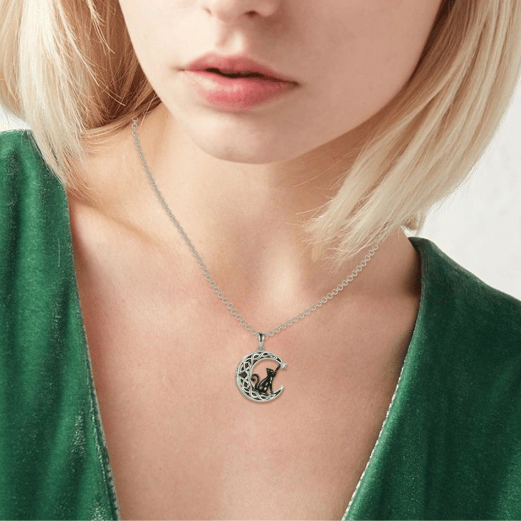 Black Runic Crescent Moon Cat Cremation Necklace Sterling Silver