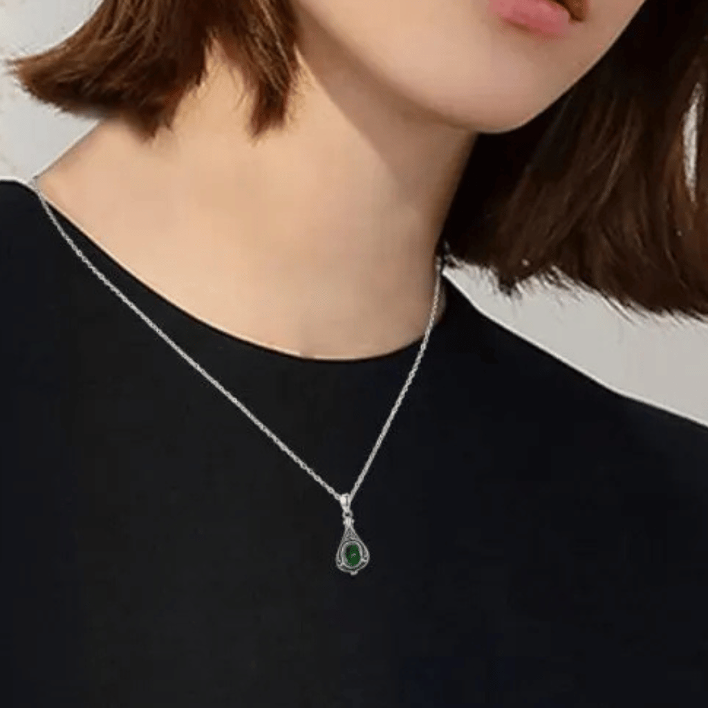 Green Crystal Runic Cremation Necklace Sterling Silver