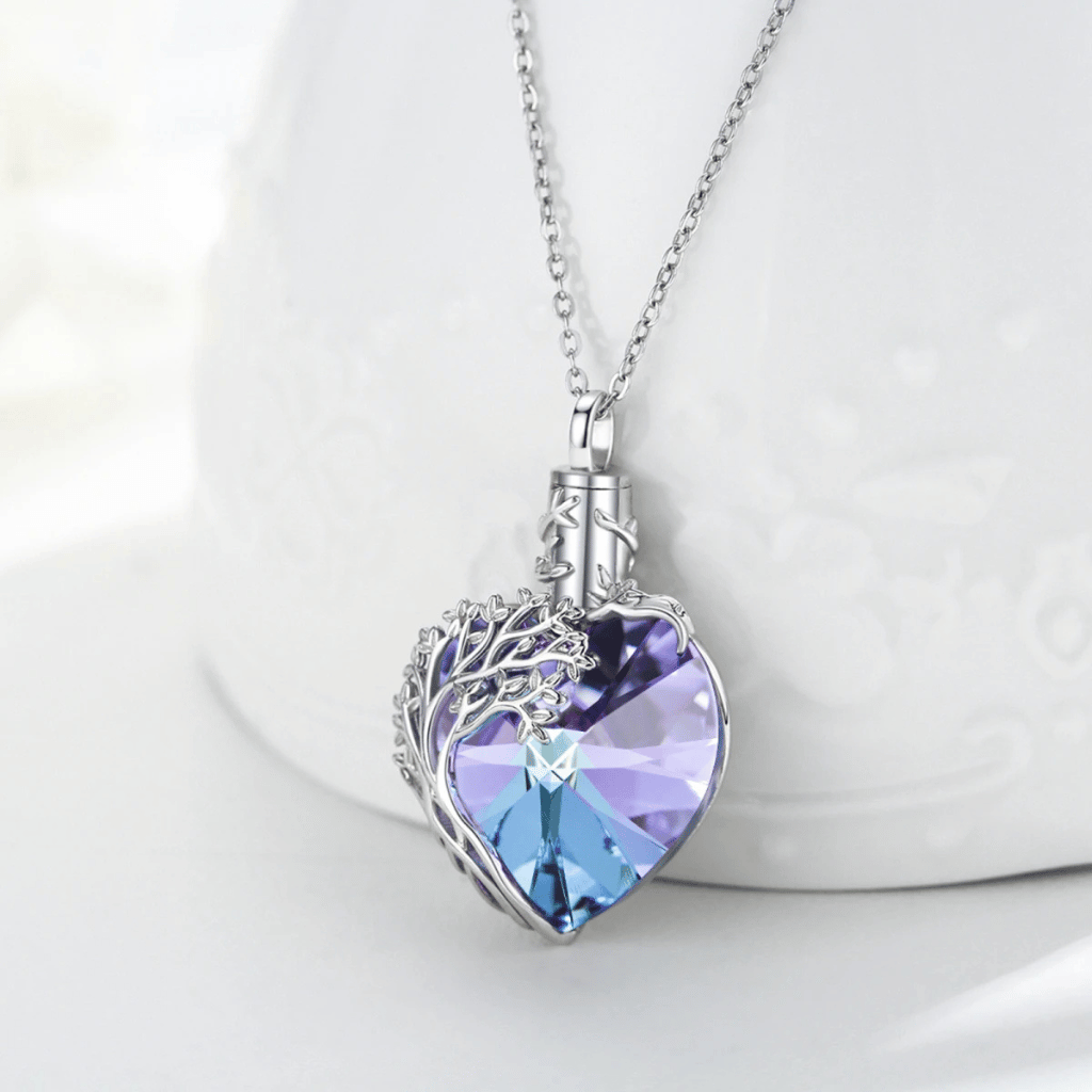 Blue And Purple Crystal Tree Cremation Necklace Sterling Silver