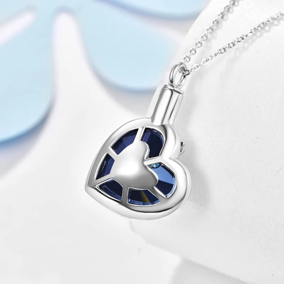 Blue Crystal Heart Wolf Cremation Necklace Sterling Silver