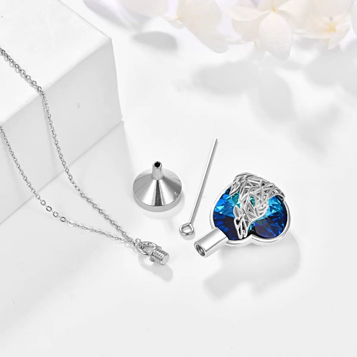 Blue Crystal Heart Wolf Cremation Necklace Sterling Silver