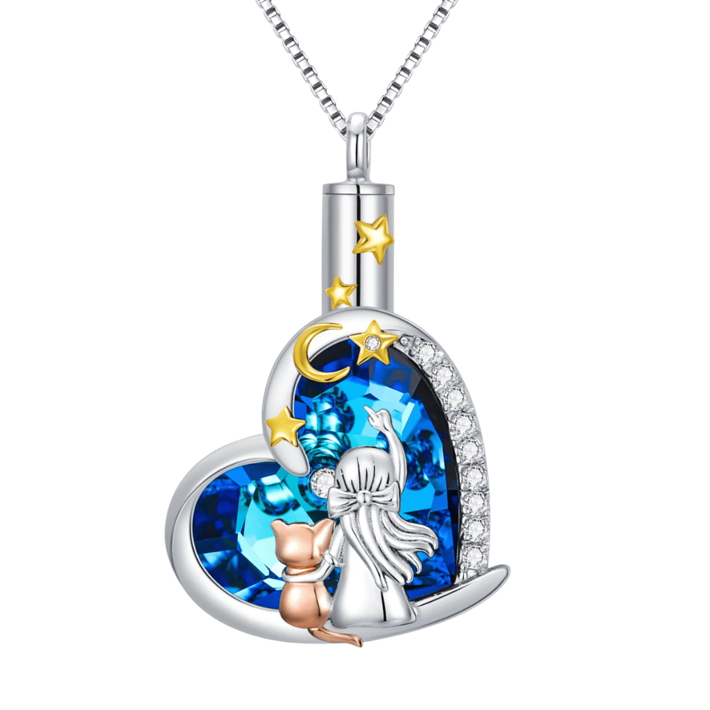 Blue Crystal Heart Cat Cremation Necklace Sterling Silver