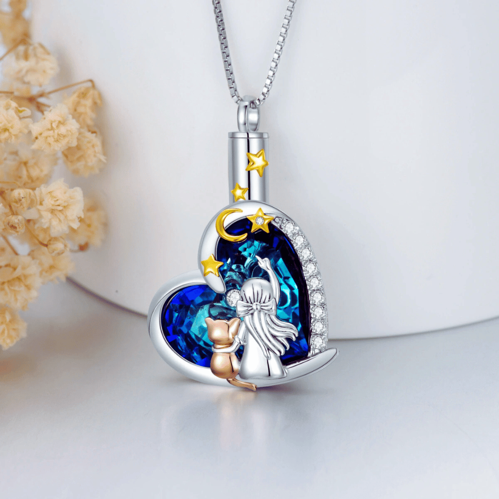 Blue Crystal Heart Cat Cremation Necklace Sterling Silver