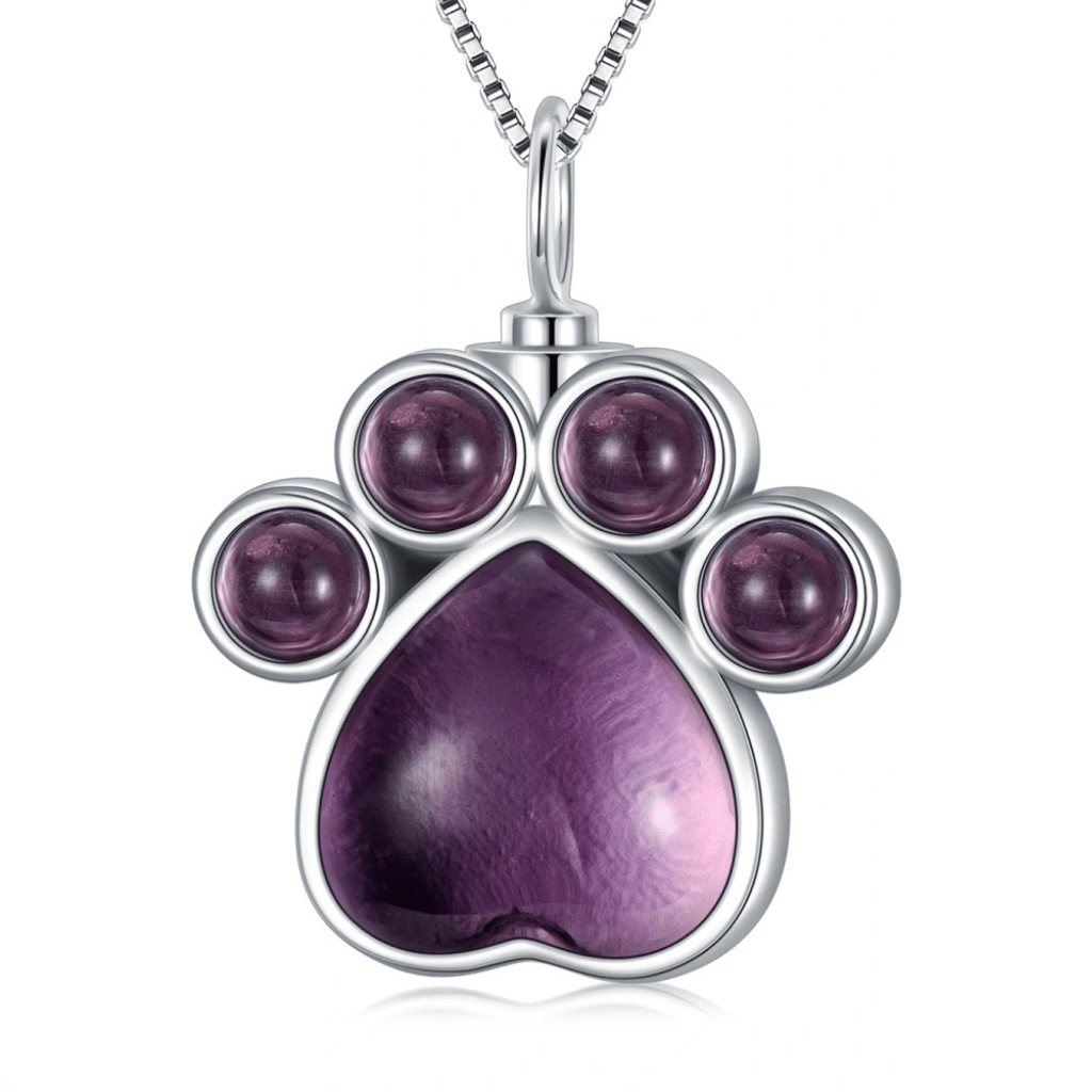 Purple Crystal Paw Cremation Necklace Sterling Silver