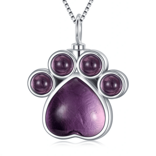 Purple Crystal Paw Cremation Necklace Sterling Silver