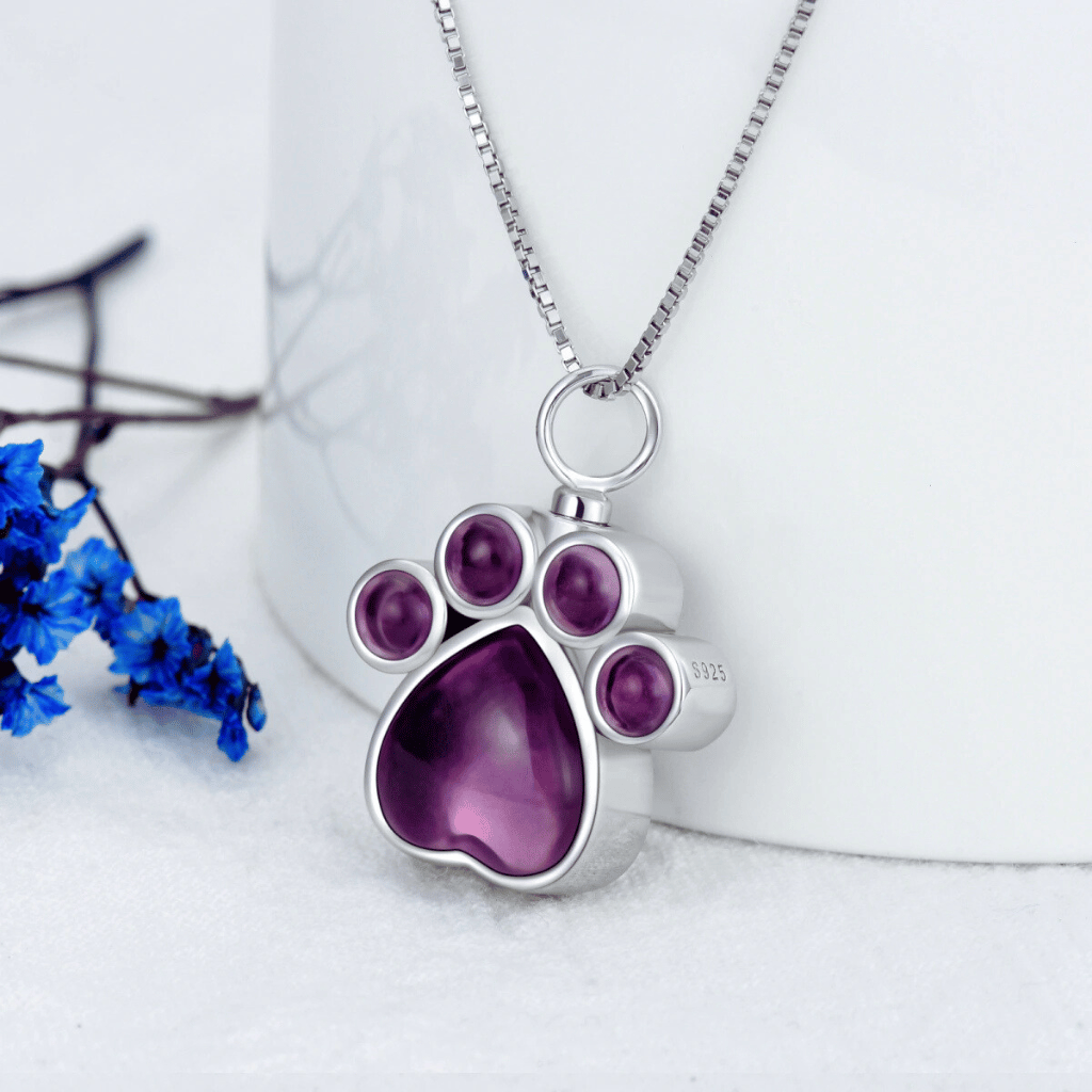 Purple Crystal Paw Cremation Necklace Sterling Silver