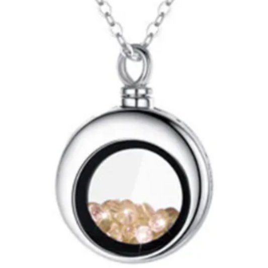 Oval Glass Tan Crystals Cremation Necklace Sterling Silver